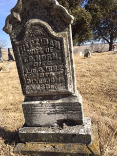 Tombstone of Hepzibah (Clark) Horn in Sandhill Cemetery, Cedar County, Iowa, after strong winds blew through the cemetery in March, 2016.