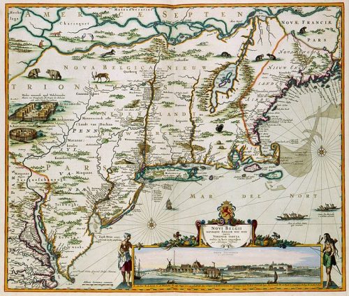 Vervaardigd in ca. 1684. This map of the current New England was published by Nicolaes Visscher II (1649-1702). Visscher copied first a map by Jan Janssonius (1588-1664) from 1651 and added a view of New Amsterdam, the current Manhattan. The map is very accurate: each European town which existed at the time has been represented. Public domain via Wikipedia.
