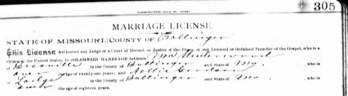 Marriage License for William F. Underwood and Nellie Goodson, Bollinger, MO. Missouri Marriage Records 1805-2002, page 305.