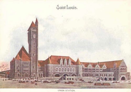 Postcard of exterior of Union Station in St. Louis, Missouri.